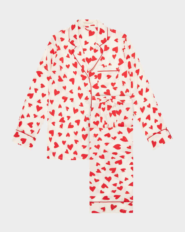Lila Heart-Print Silk Pajama Set